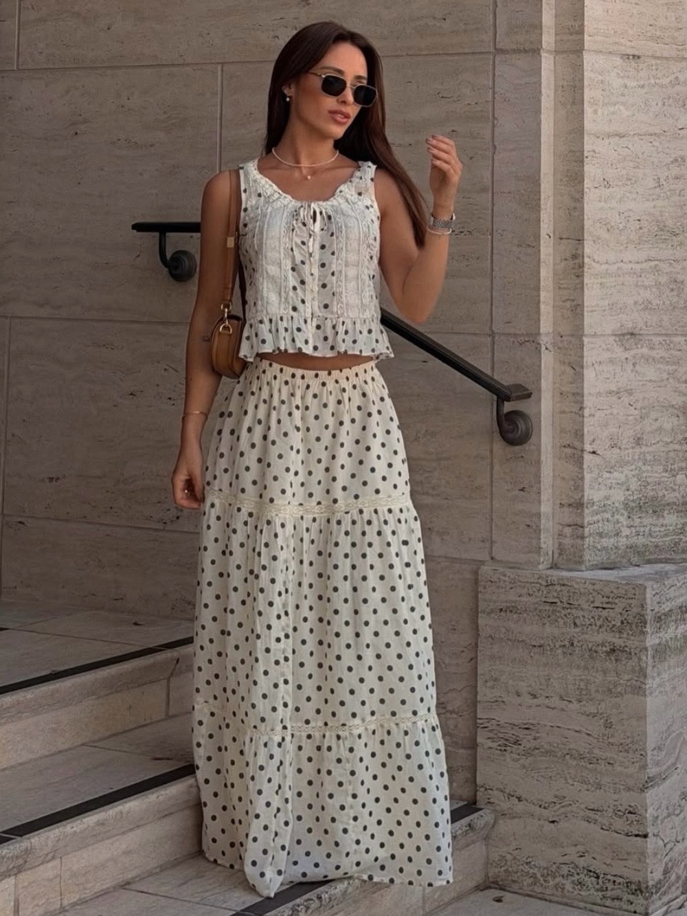 Abercrombie & Fitch Cream and Navy Polka Dot Matching Set with Lace Trim.
